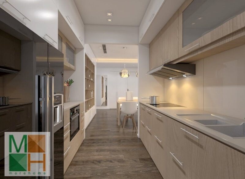 Mẫu thiết kế hệ tủ bếp gỗ hiện đại sử dụng gỗ công nghiệp An Cường cao cấp màu sáng mang đến vẻ đẹp cho phòng bếp