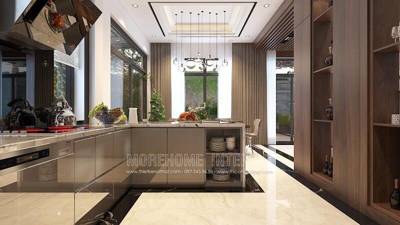 Mẫu tủ bếp Acrylic phủ bóng gương đầy mới lạ, tone màu xám nhẹ ấn tượng mang lại sự sang trọng cho căn phòng