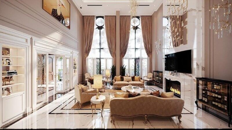 Sắp xếp nội thất phòng khách tân cổ điển đẹp, sang trọng tại Vinhomes Imperia Hải Phòng.
