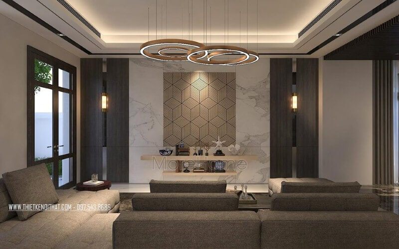 Trang trí phòng khách hiện đại ấn tượng với đá ốp tường cao cấp cùng họa tiết 3D độc đáo.