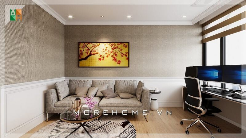 Mẫu ghế sofa bọc vải màu xám kết hợp bàn trà mặt kính tròn rất sang trọng tăng vẻ tiện nghi cho căn phòng làm việc.