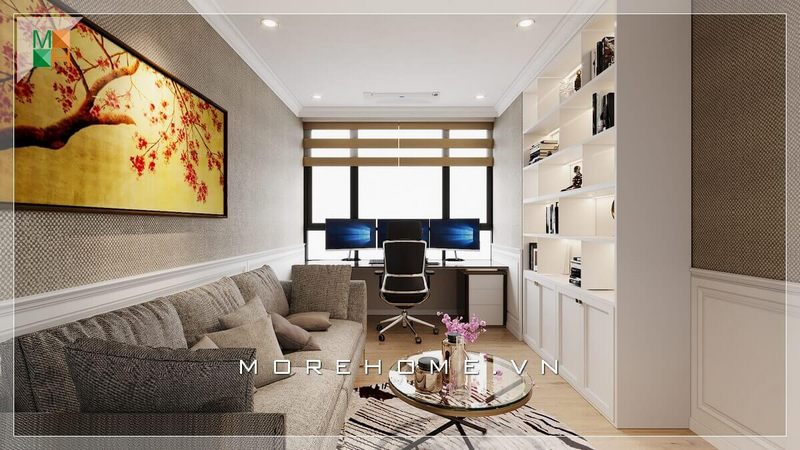 Mẫu sofa màu xám bọc vải kết hợp bàn trả mặt kính tròn rất tiện nghi, tăng độ sang trọng cho không gian nơi đây.