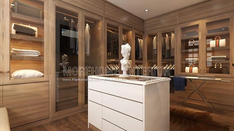 Mẫu tủ quần áo hiện đại với tông màu nâu sáng bắt mắt phù hợp với phòng thay đồ chung cư, biệt thự diện tích lớn